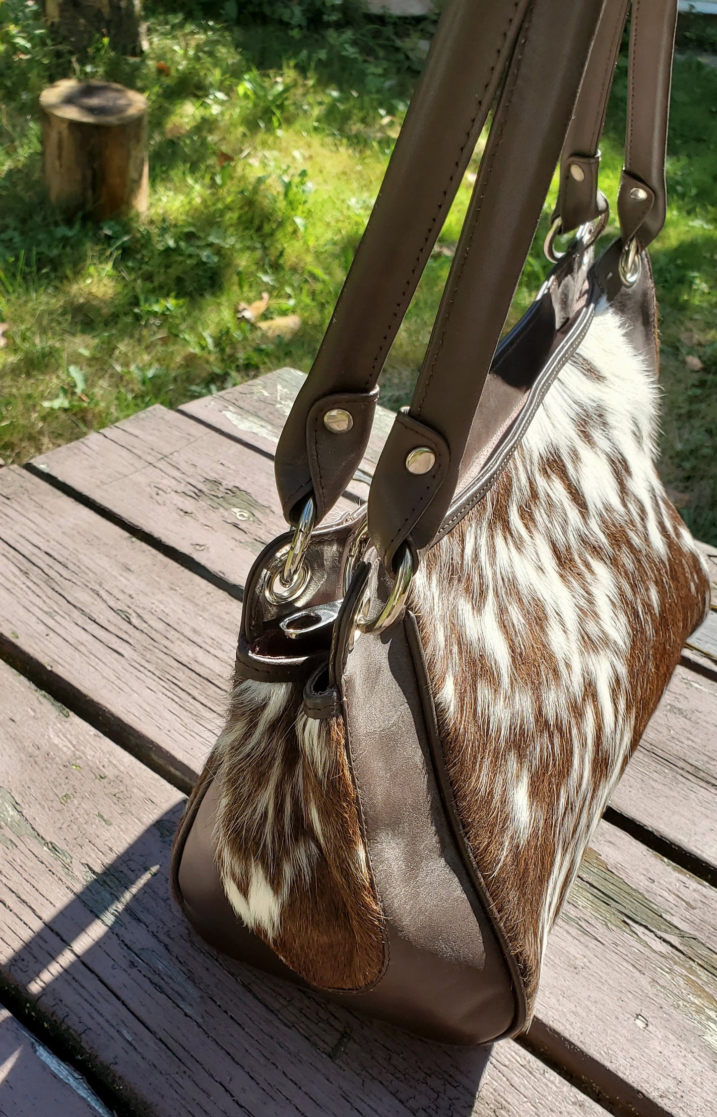 calf hair handbag tricolor black brown white