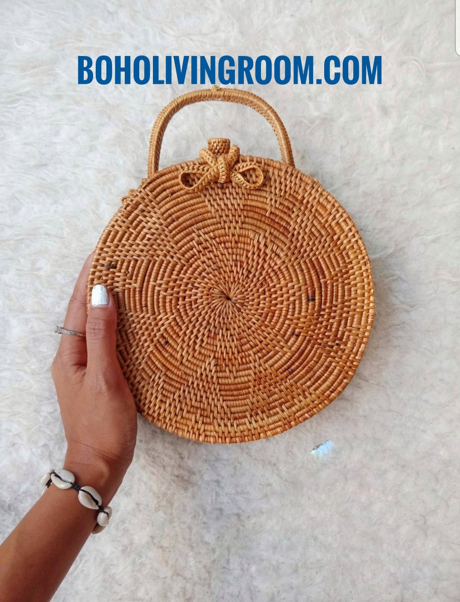 Round Rattan Crossbody Bag – Boho Living Room
