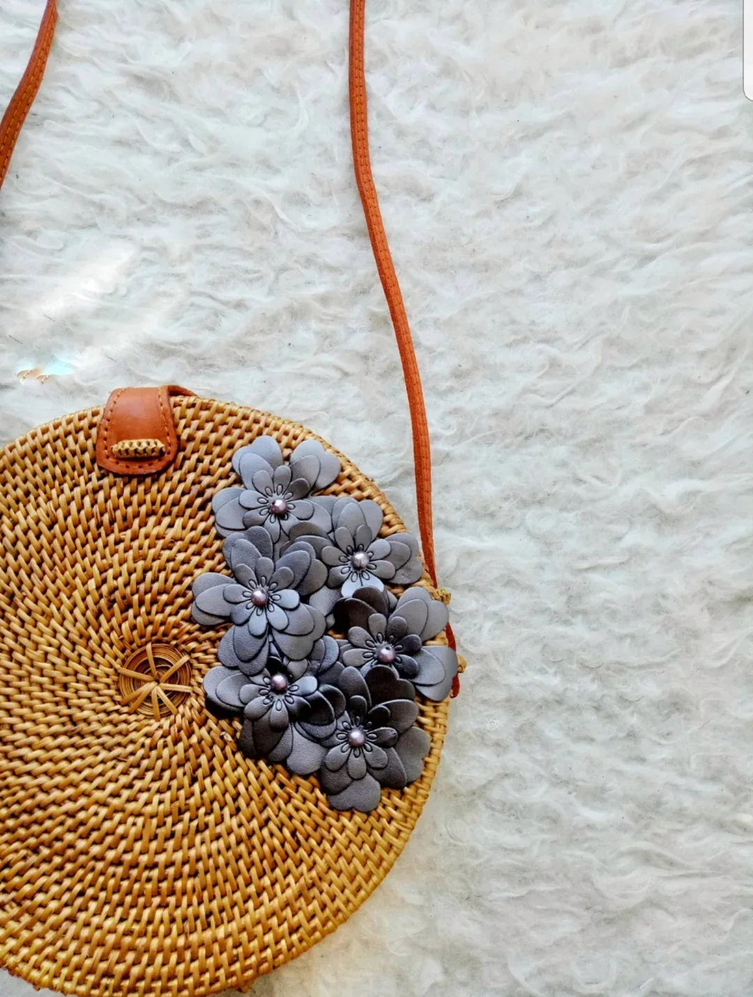 Circle Rattan Bags With Handmade Leather flowers Gray