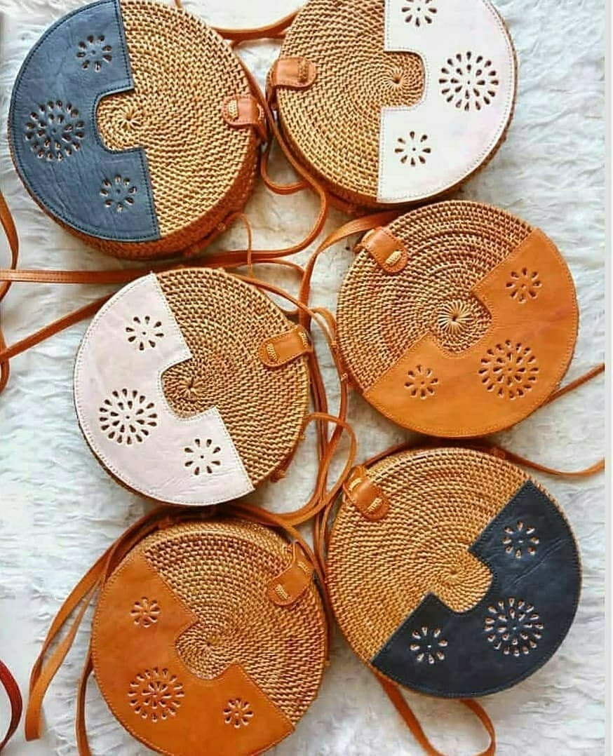 rattan round bag with leather street style