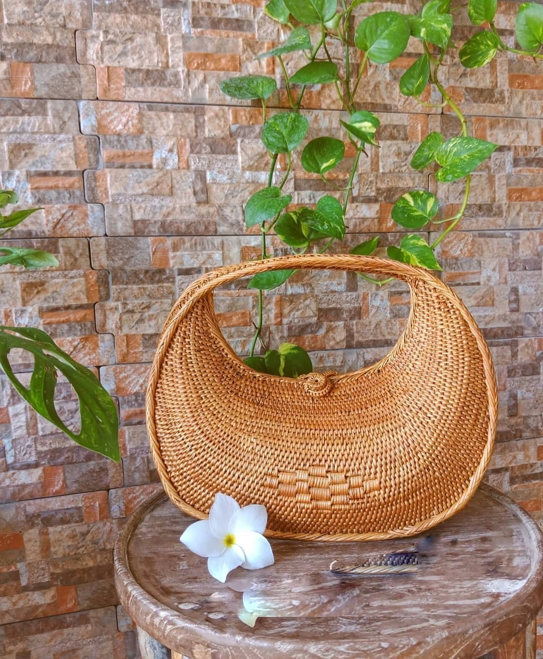 Handwoven Wicker Rattan Crescent Moon Bag