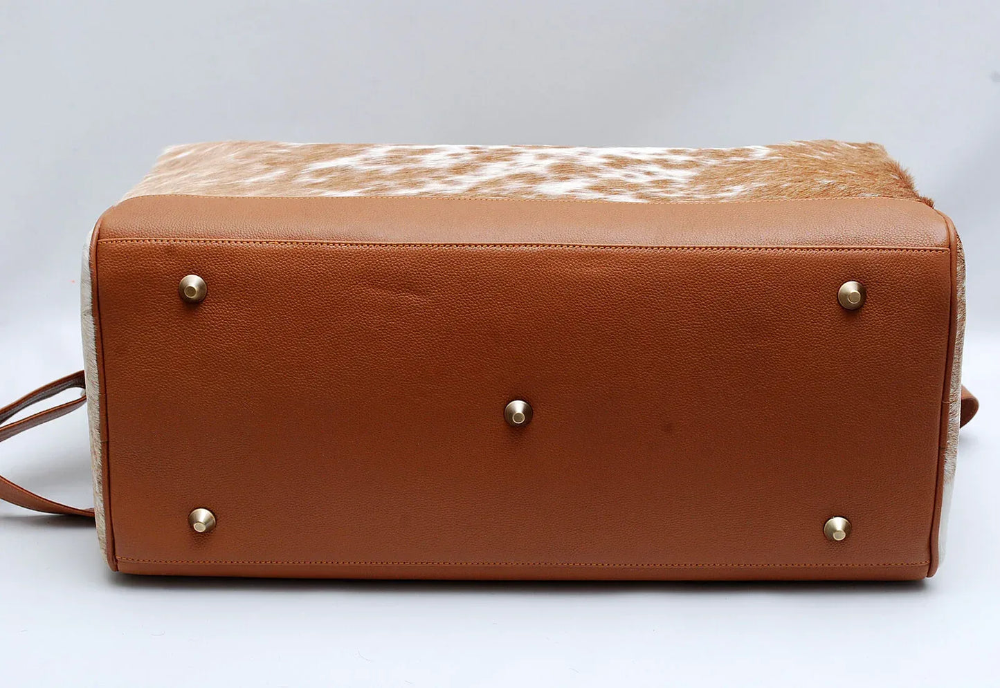 cowhide duffle bag speckled brown white travel bag