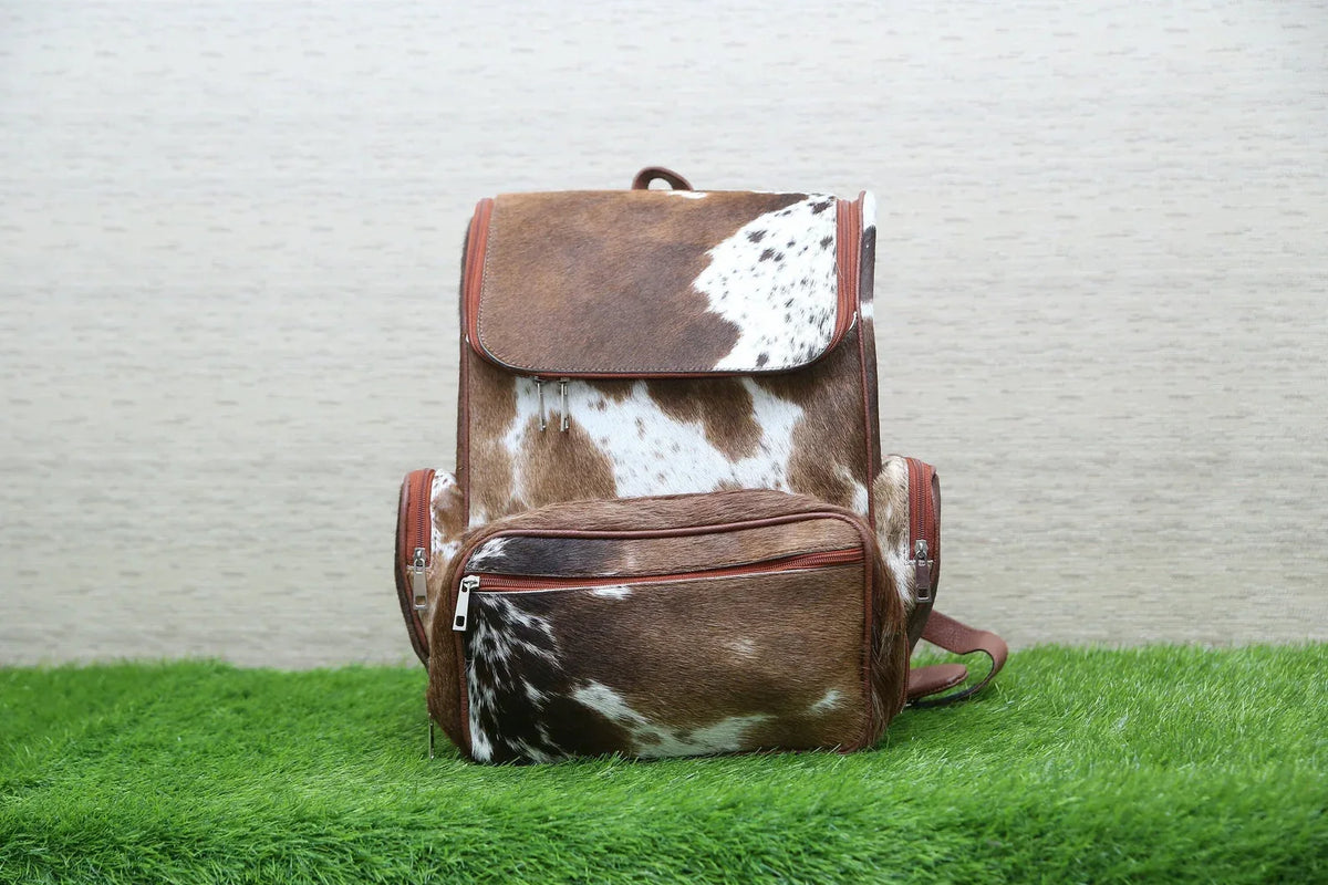 Cowhide Backpack Brown White Boho Living Room