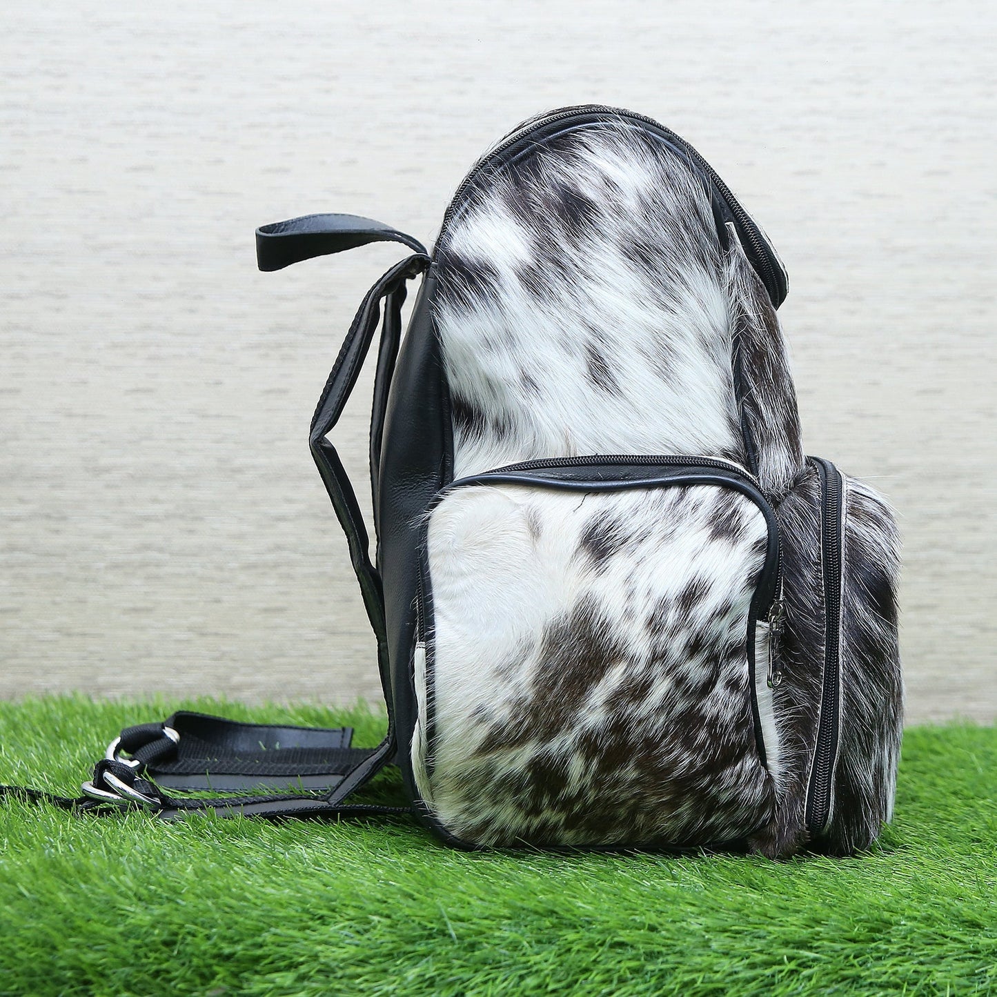 Cowhide Travel Backpack Bag Black White