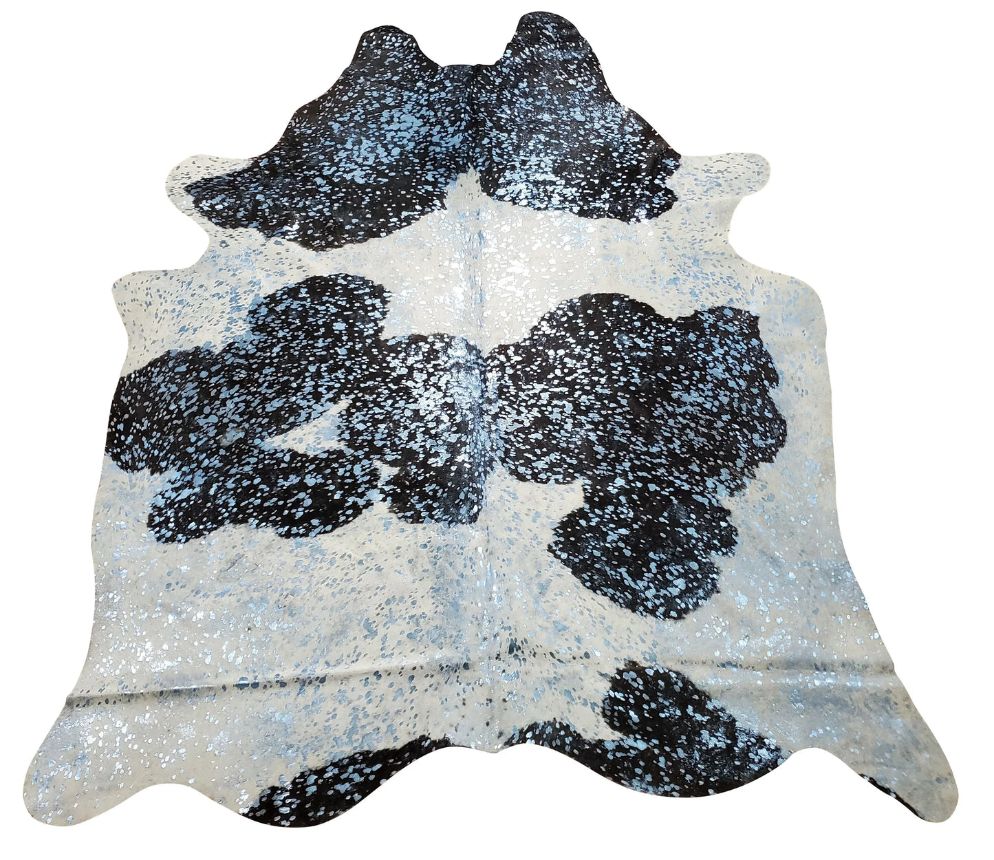 Blue Metallic On Black White Cowhide Rug 7.3ft x 5.6ft