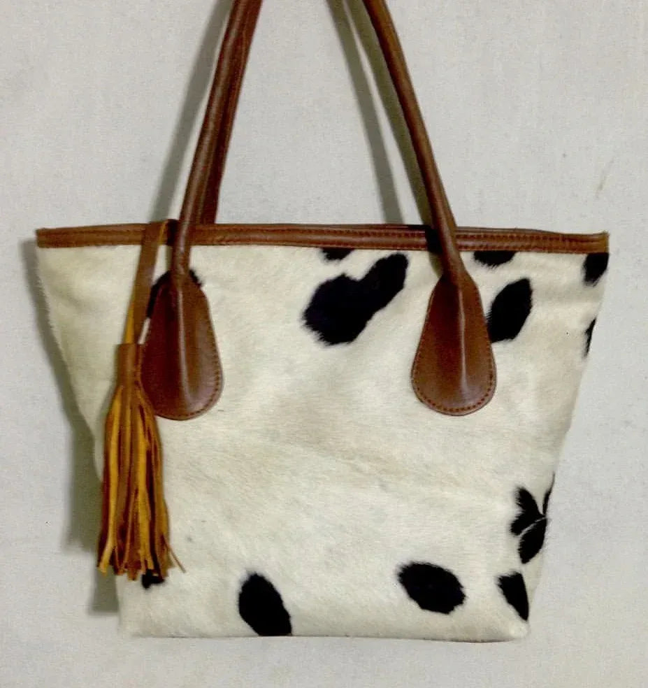Cowhide shoulder bag purse with real hair on hide tote Spotted White Black