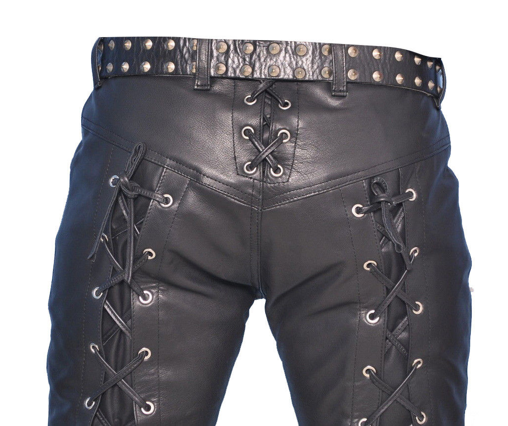 Real Leather Lace Up Biker Pants for Men Gothic Style