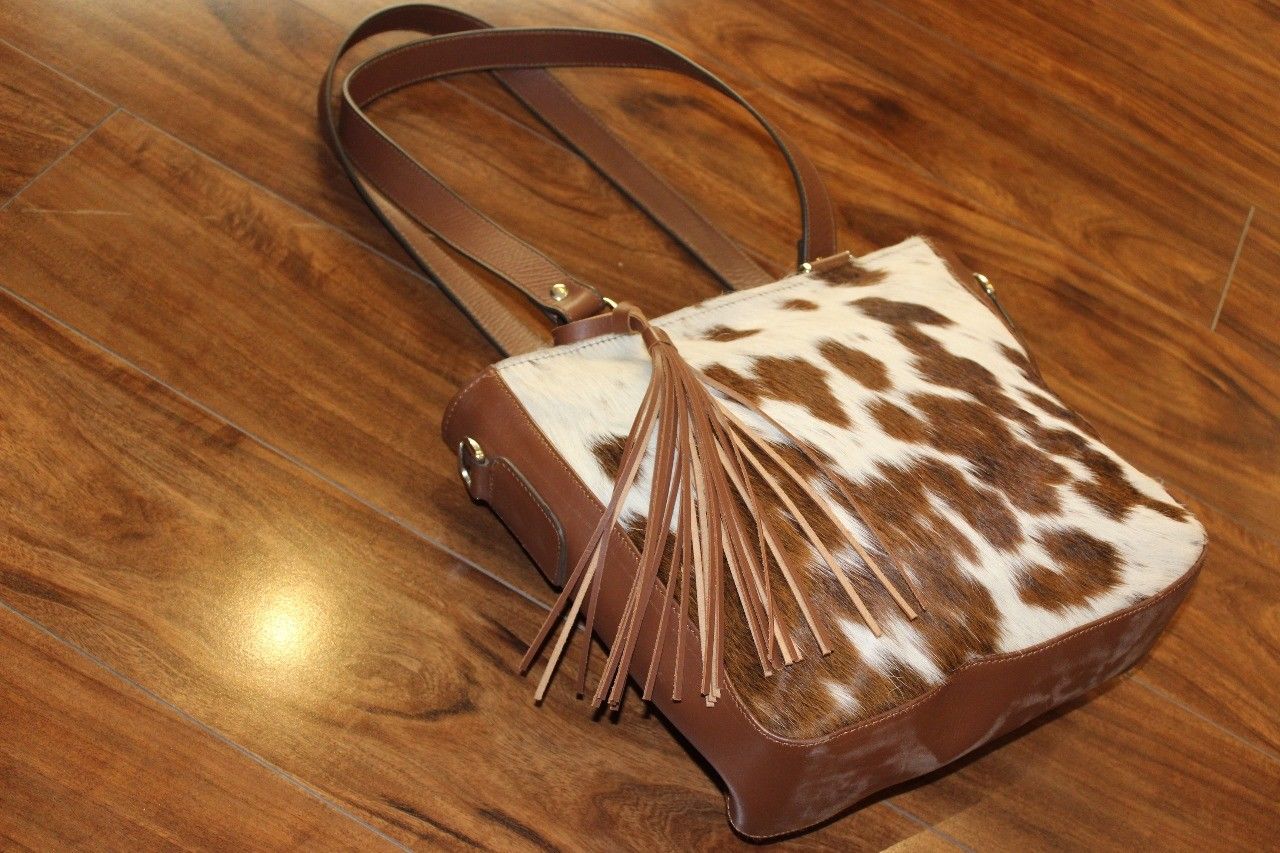 brown and white cowhide bag custom made