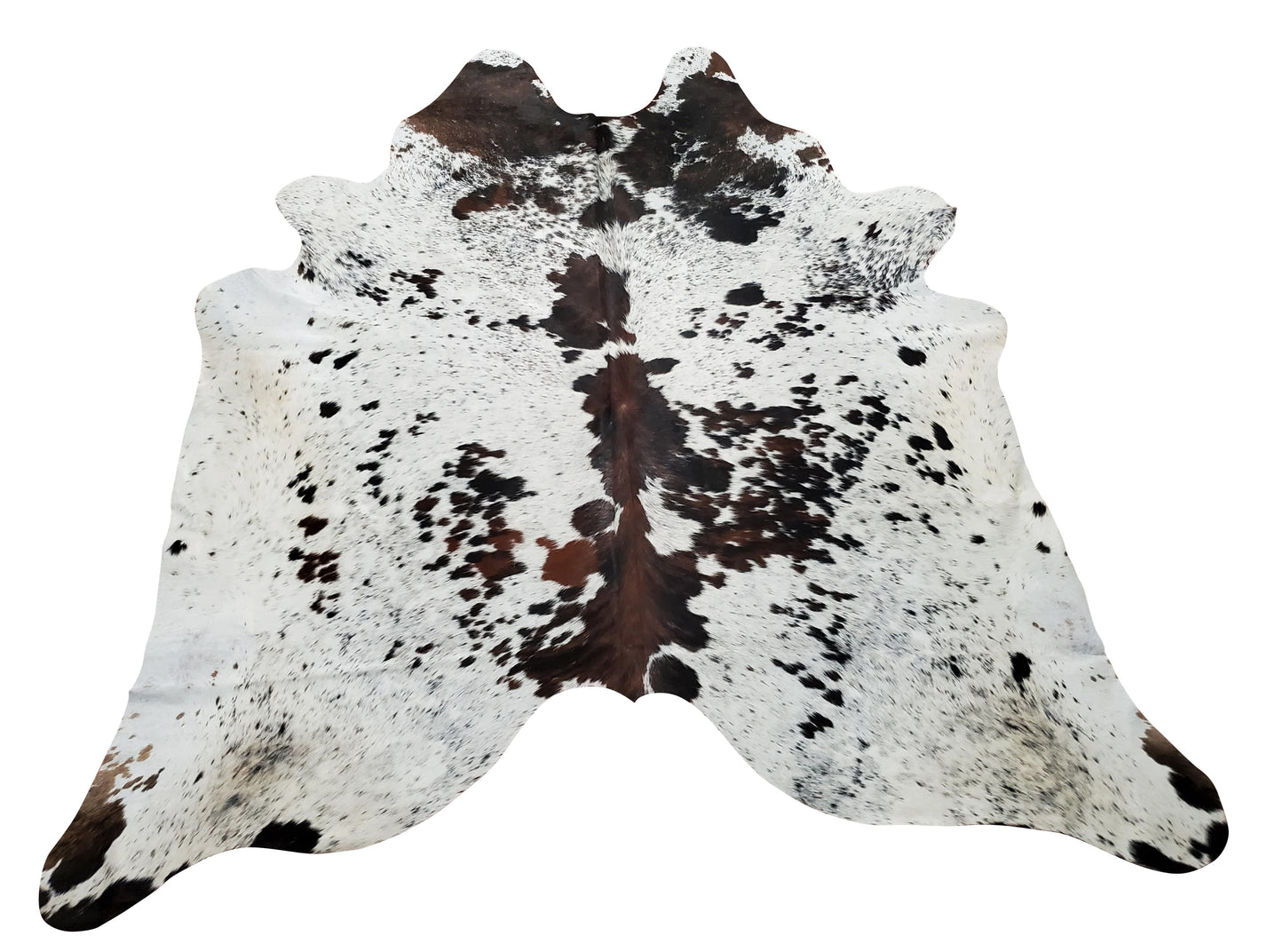 A large and beautiful salt and pepper cowhide rug with lots of dark brown, black and white, with free shipping all over USA.