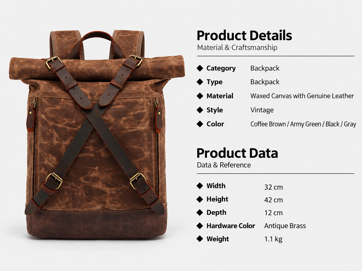 Waxed Canvas Backpack with Genuine Leather and Roll Top Design