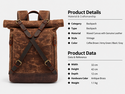 Waxed Canvas Backpack with Genuine Leather and Roll Top Design