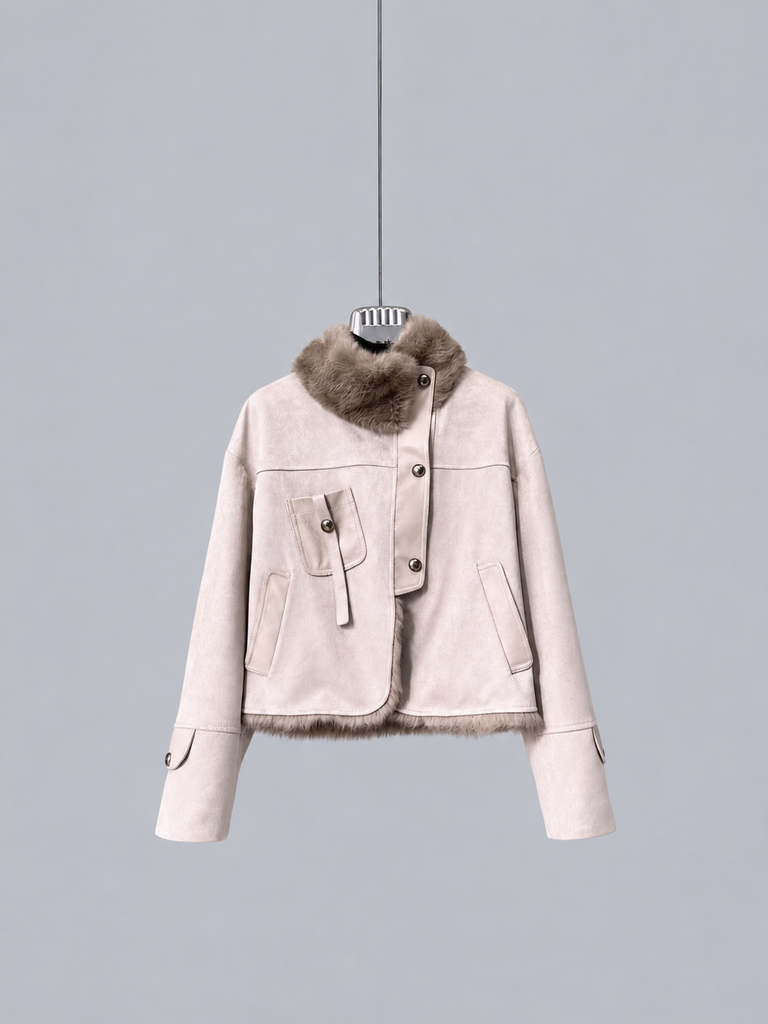 Women’s Faux Leather Jacket with Rabbit Fur Collar Winter Style