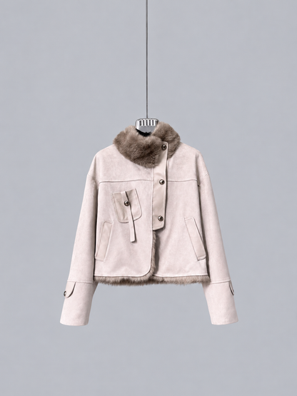 Women’s Faux Leather Jacket with Rabbit Fur Collar Winter Style