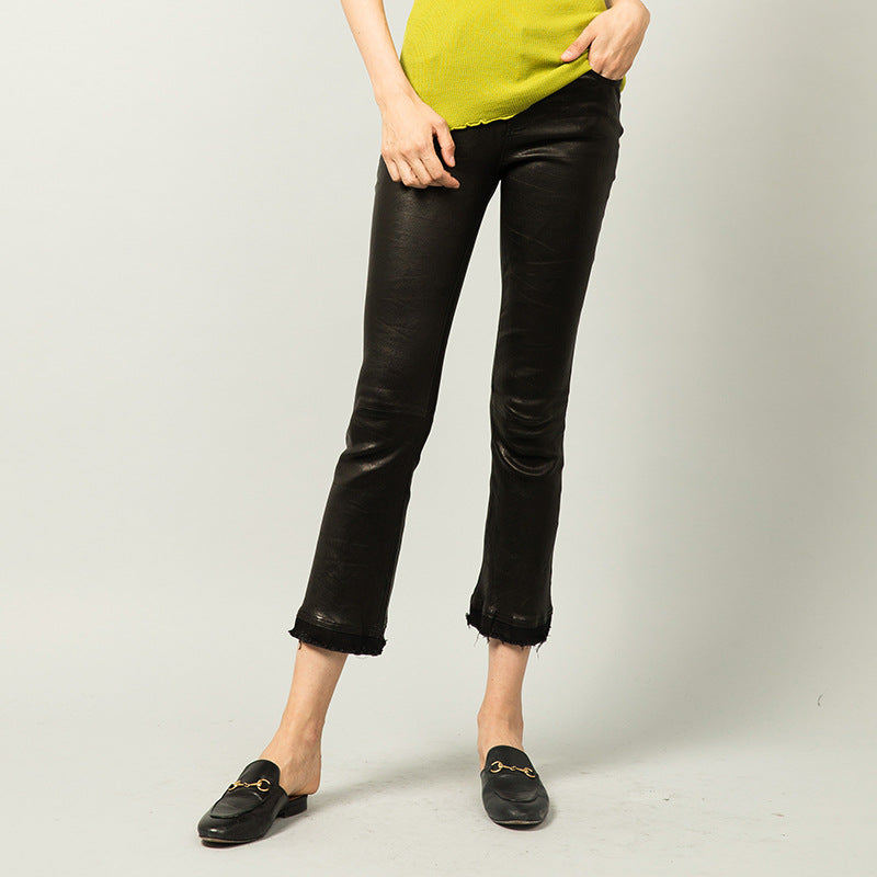 Women’s Leather Capri Pants Cropped Flared with Tassel Hem