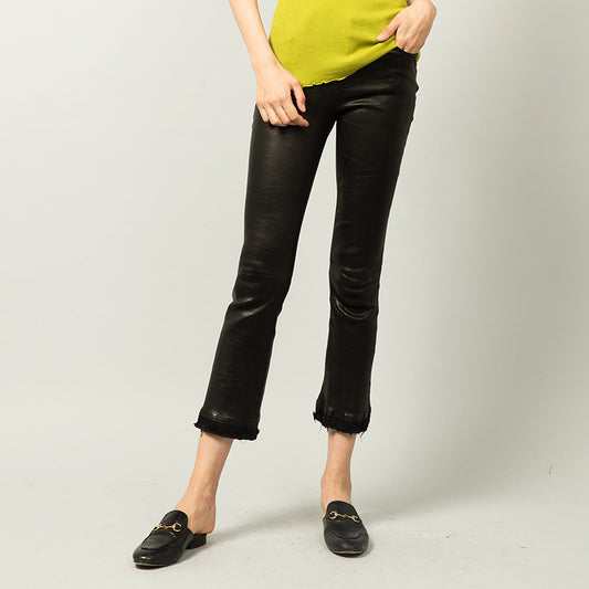 Women’s Leather Capri Pants Cropped Flared with Tassel Hem