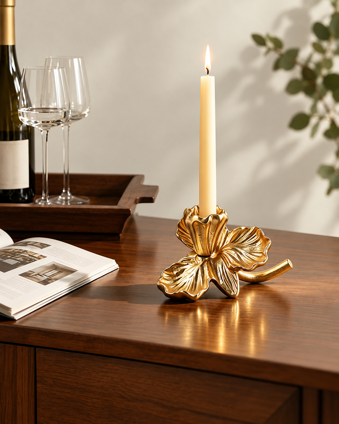 Gold Iris Flower Taper Candle Holder with Sculptural Petal Design