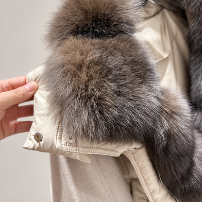 Fur Collar Jacket for Women with Duck Down and Wool Sleeves