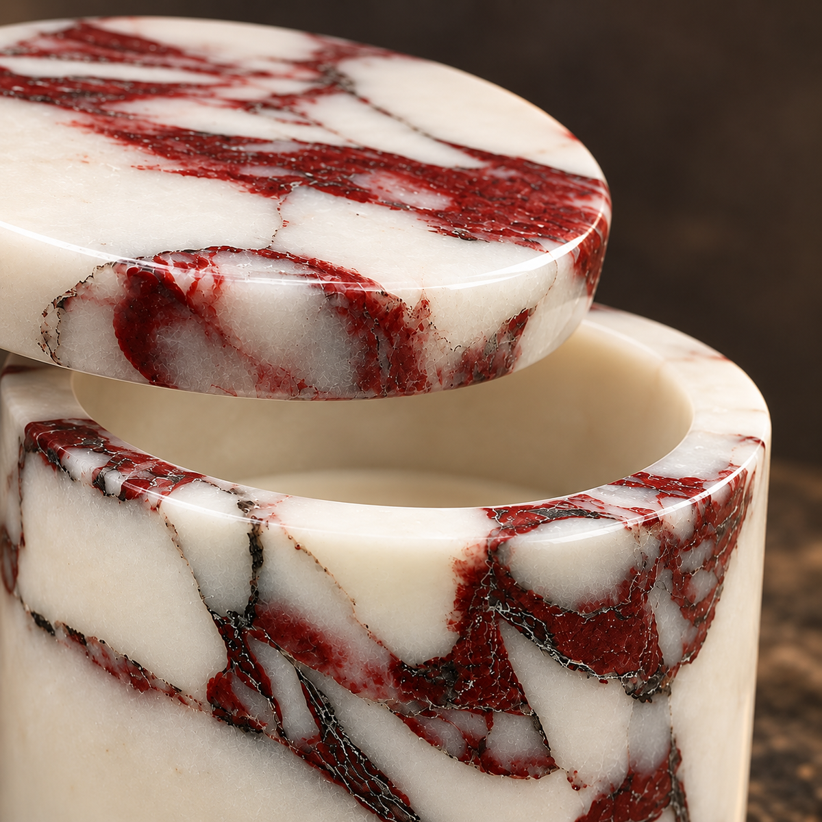 White Marble Candle Jar with Matching Lid and Natural Red Veining