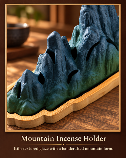 Mountain Incense Burner with Ceramic Landscape and Bamboo Base
