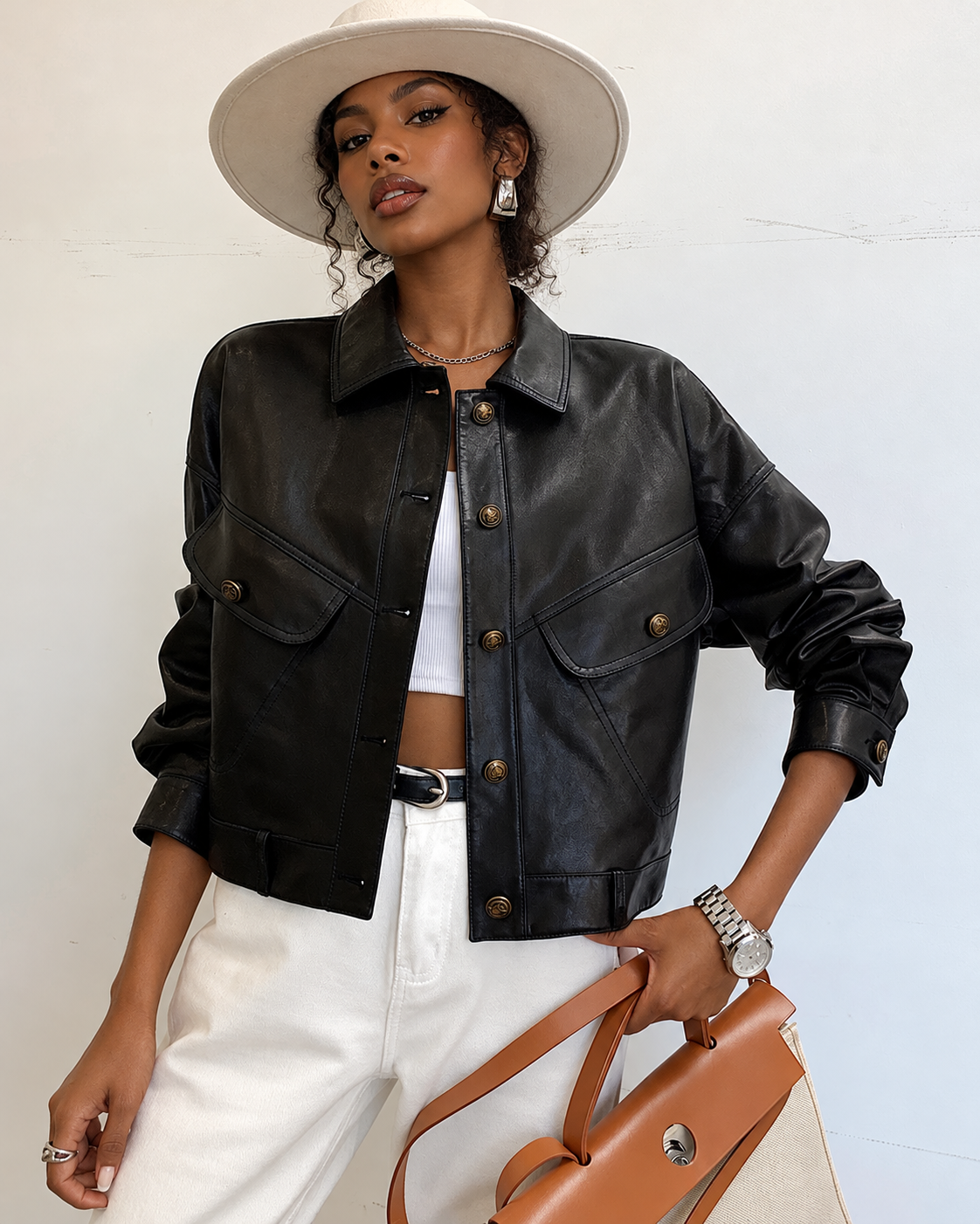 Women's Cropped Leather Jacket in Lambskin with Relaxed Moto Style