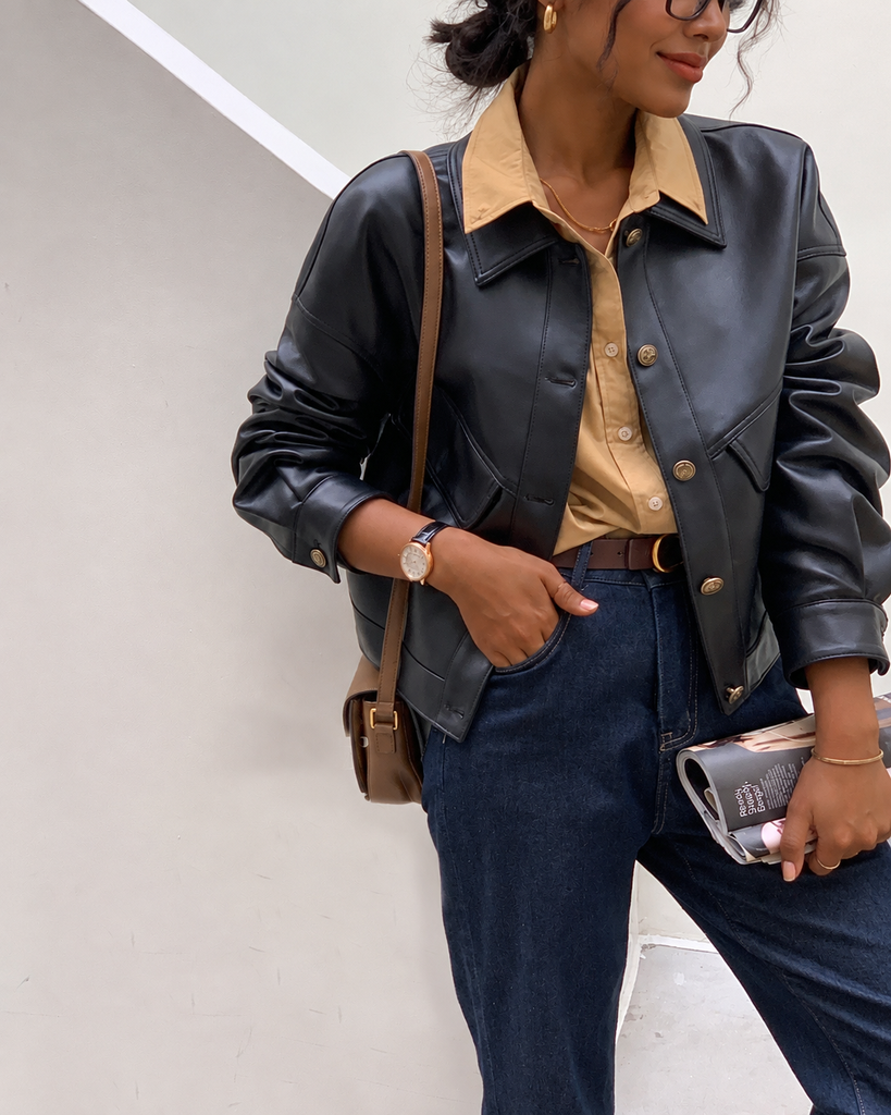 Women's Cropped Leather Jacket in Lambskin with Relaxed Moto Style