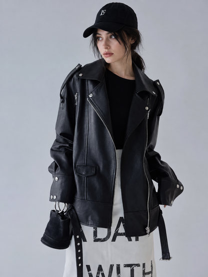 Women’s Oversized Black Sheepskin Leather Biker Jacket