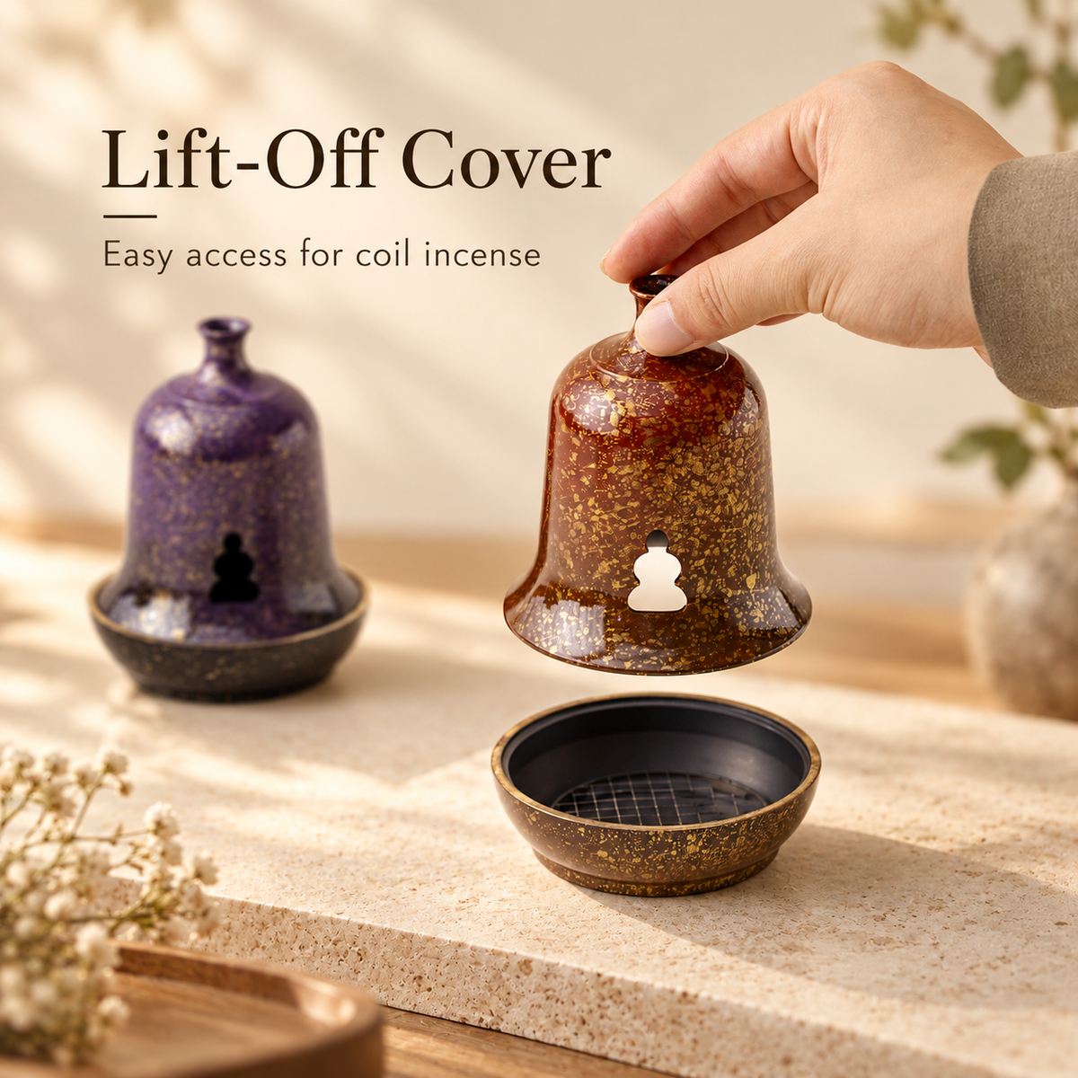 Coil Incense Burner with Removable Cover and Internal Mesh Tray