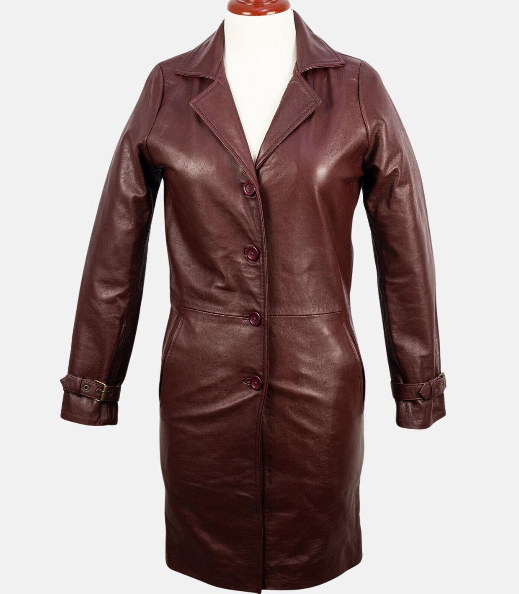 Women's Leather Long Jacket Button Closure