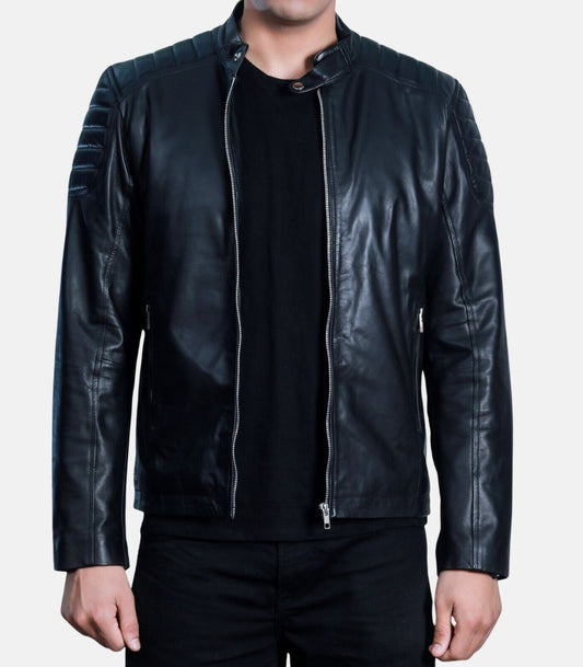 Black leather flight jacket with zip closure