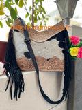 Tooled Cowhide Bag With Fringe