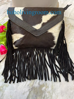 Black White Cowhide Crossbody Bag With Fringes