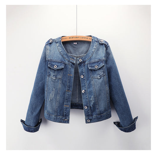 Round Neck Shorty Cropper Denim Jacket Women