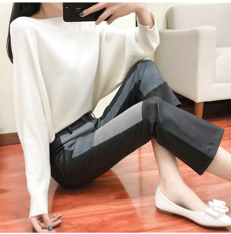 Women’s High Waist Sheepskin Flare Leather Pants Slim Fit Ankle Length