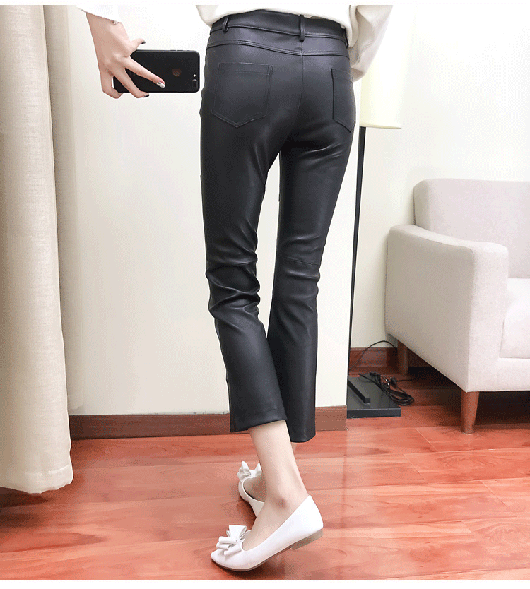 Women’s High Waist Sheepskin Flare Leather Pants Slim Fit Ankle Length