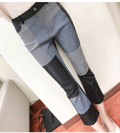 Women’s High Waist Sheepskin Flare Leather Pants Slim Fit Ankle Length