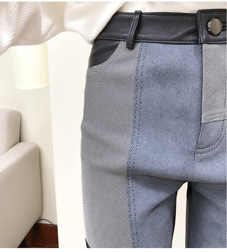 Women’s High Waist Sheepskin Flare Leather Pants Slim Fit Ankle Length