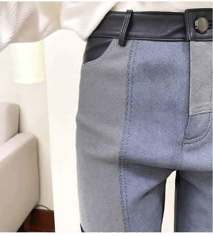 Women’s High Waist Sheepskin Flare Leather Pants Slim Fit Ankle Length