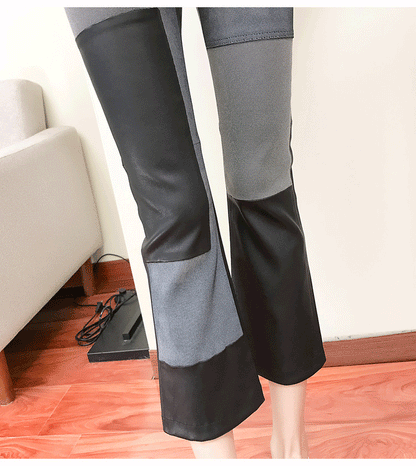 Women’s High Waist Sheepskin Flare Leather Pants Slim Fit Ankle Length