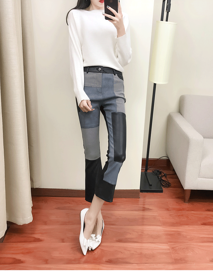 Women’s High Waist Sheepskin Flare Leather Pants Slim Fit Ankle Length