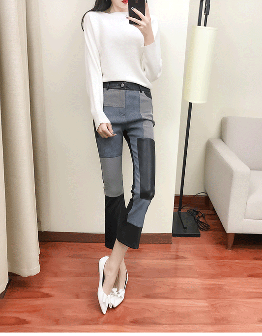 Women’s High Waist Sheepskin Flare Leather Pants Slim Fit Ankle Length