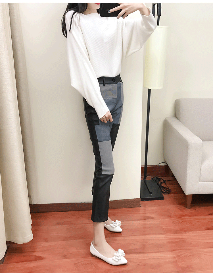 Women’s High Waist Sheepskin Flare Leather Pants Slim Fit Ankle Length