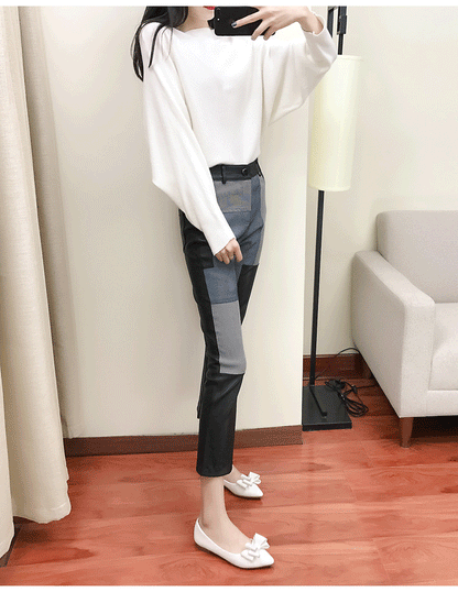 Women’s High Waist Sheepskin Flare Leather Pants Slim Fit Ankle Length