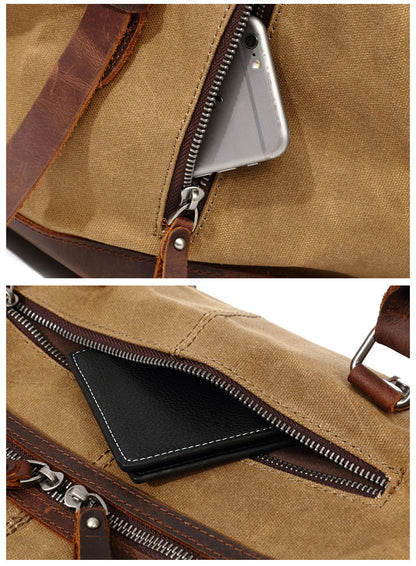 Canvas Duffle Bag with Waxed Finish and Top-Grain Cowhide Leather