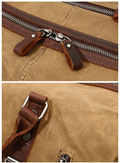 Canvas Duffle Bag with Waxed Finish and Top-Grain Cowhide Leather