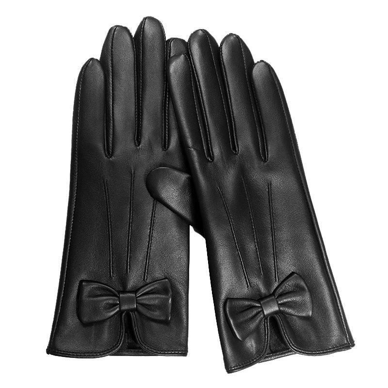 Women’s Leather Gloves for Winter with Lambskin and Bow Detail