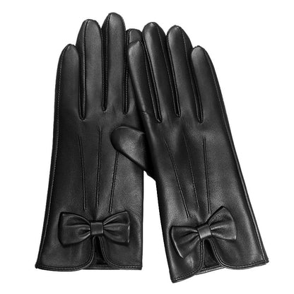 Women’s Leather Gloves for Winter with Lambskin and Bow Detail