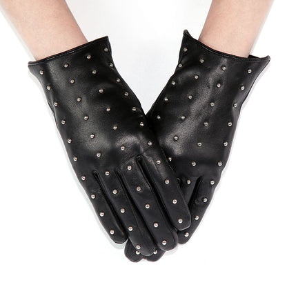 Women’s Leather Gloves for Winter in Black Lambskin with Rivet Detail