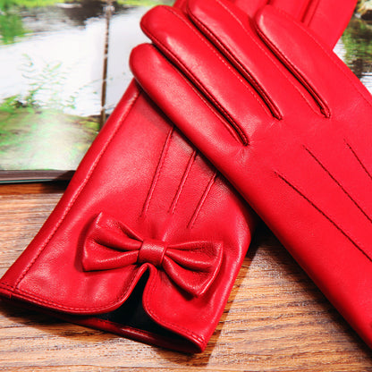Women’s Leather Gloves for Winter with Lambskin and Bow Detail