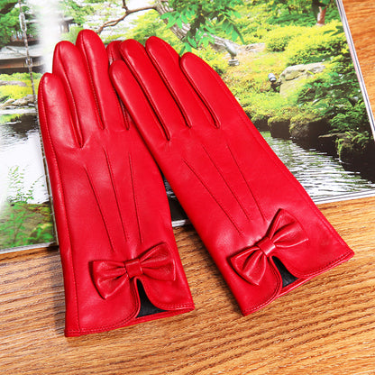 Women’s Leather Gloves for Winter with Lambskin and Bow Detail