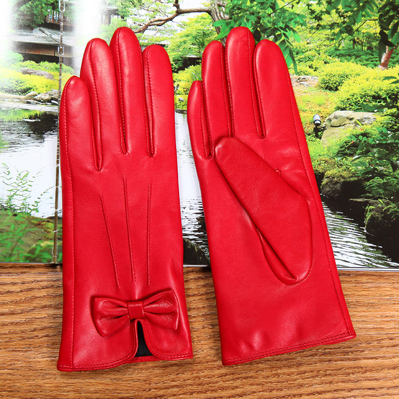 Women’s Leather Gloves for Winter with Lambskin and Bow Detail